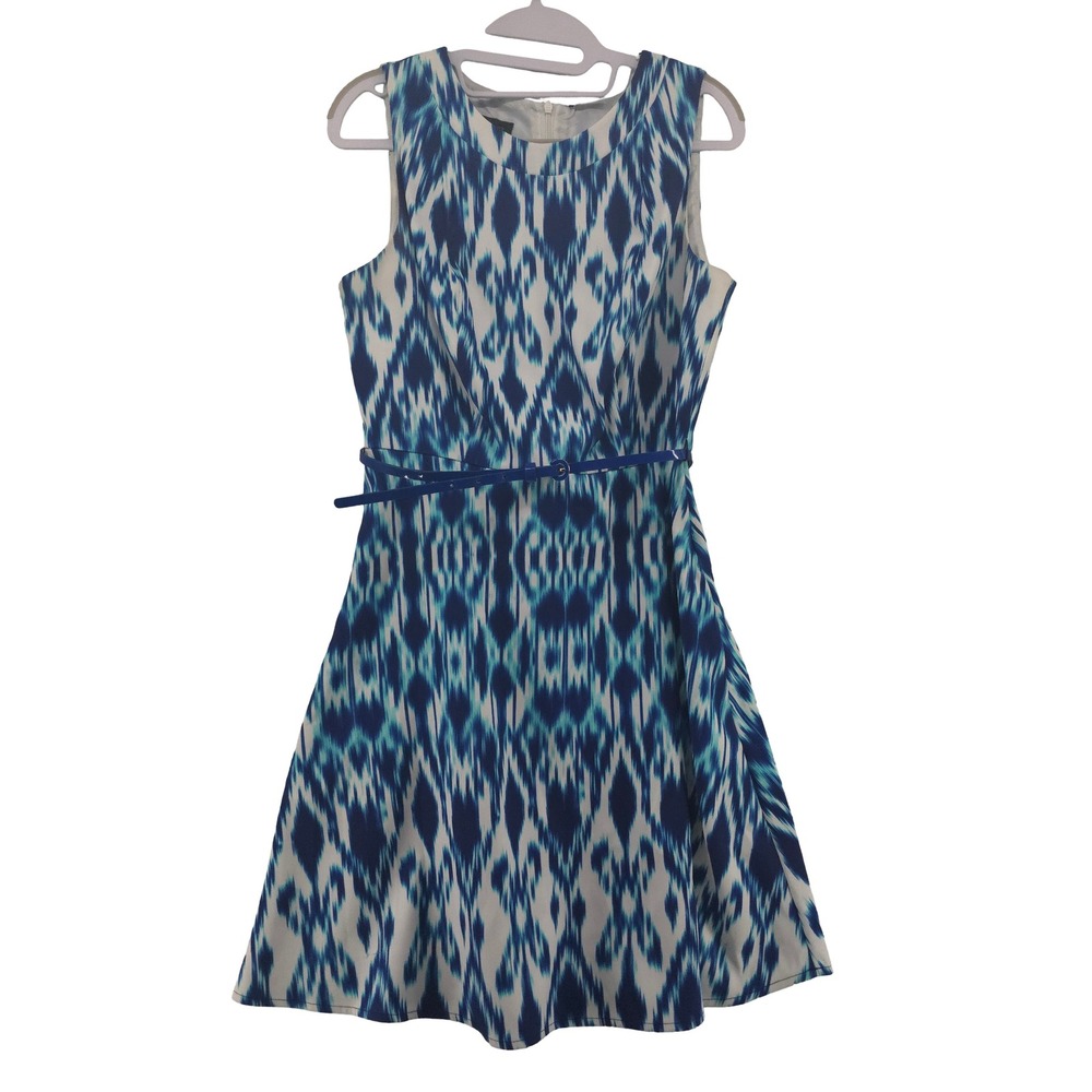 Ab Studio Dress Size 8 Zip Midi Geometric Fit Flare Belt Retro Artsy